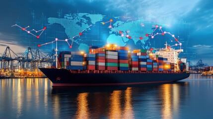 Obraz premium Light beams forming global trade routes with economy charts, conceptual business art