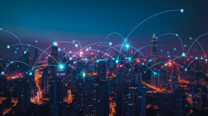 Fototapeta premium Smart digital city with connection cyber security network reciprocity over the cityscape . future smart wireless digital city and social media networking systems that connects people within the city