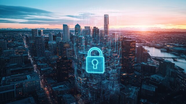 A digital lock symbol over a city skyline, representing cybersecurity and data protection.