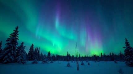 Fototapeta premium Aurora Borealis over Snowy Forest: A Breathtaking Night Scene