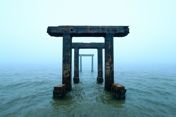 A serene view of weathered pillars emerging from calm waters, shrouded in a misty atmosphere, creating an atmospheric and tranquil scene.