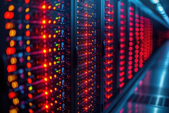 Red and Orange Lights on a Server Rack in a Data Center