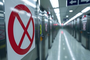 Red No Entry Sign on a Metal Door in a Subway Station