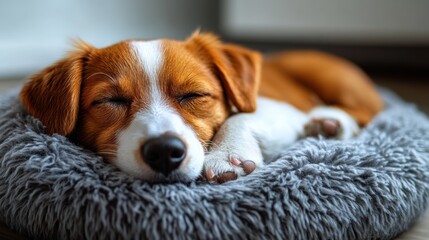 Adorable Jack Russell Terrier puppy peacefully sleeping on cozy knitted and fluffy blankets, showcasing relaxation and comfort in a warm and homely setting.