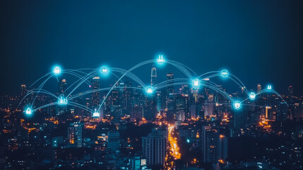Obraz premium Smart digital city with connection cyber security network reciprocity over the cityscape . future smart wireless digital city and social media networking systems that connects people within the city