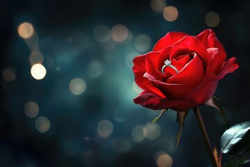 Sparkling engagement ring inside red rose. Romantic gift for valentines day. Marriage proposal 