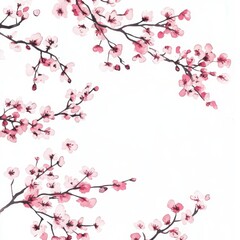 Fototapeta premium Delicate pink cherry blossom branches against a white background, creating an elegant and serene floral spring design illustration.