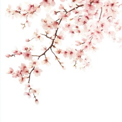Delicate pink cherry blossom branches against a white background, creating an elegant and serene floral spring design illustration.