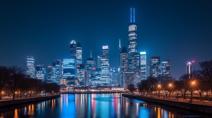 Chicago Skyline Night: A mesmerizing view of the city's illuminated skyscrapers reflected in the calm waters.