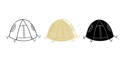 A small set of three tents in different colors. Clip art for your projects.