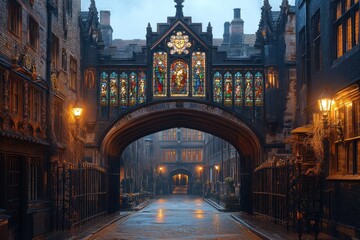 Fototapeta premium A beautiful medieval entrance with stained glass and ornate iron gates, illuminated by soft evening light