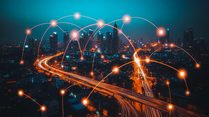 Smart digital city with connection cyber security network reciprocity over the cityscape . future smart wireless digital city and social media networking systems that connects people within the city