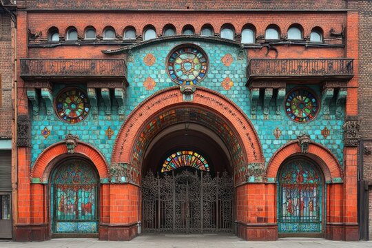 The stunning entryway boasts vibrant stained glass and intricate iron gates, blending medieval and Victorian styles