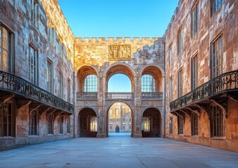 Medieval battlements blend with Victorian balconies, overlooking a serene courtyard filled with history and charm