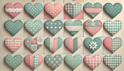 A wallpaper with patchwork-style hearts in pastel colors, each heart appearing like it&rsquo;s cut from patterned paper.