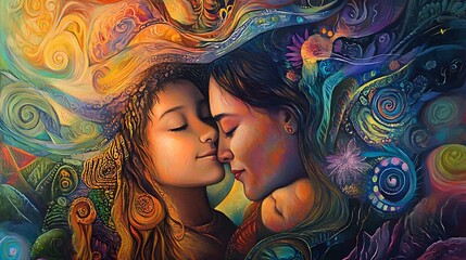 Naklejka premium Abstract Painting of Two Women Embracing with Swirling Patterns