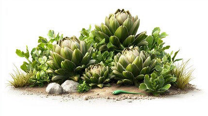 Obraz premium A 3D cartoon animation depicting a patch of artichokes nervously watching a worm near their base isolated on a white background The artichokes are shown in a cautious