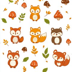 Obraz premium A cheerful woodland animal pattern featuring cartoon bears, foxes, and owls playing among mushrooms, leafy vines, and flowers in warm autumnal hues of orange, brown, and green. 