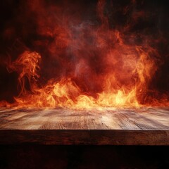 Empty rustic wooden table with a dramatic fire and smoke background, creating a fiery and intense atmosphere ideal for showcasing products, food, or beverages.