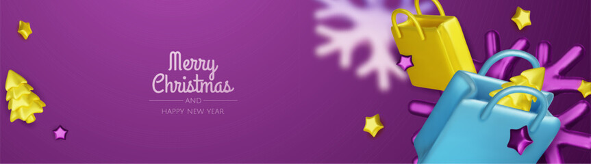 Happy New Year and Merry Christmas. Christmas holiday background with realistic 3d objects, bauble balls, conical metal stars. Levitation falling design composition.