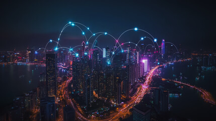 Smart digital city with connection cyber security network reciprocity over the cityscape . future smart wireless digital city and social media networking systems that connects people within the city