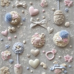 A delightful baby-themed pattern featuring smiling pacifiers, bottles, and rattles surrounded by tiny stars, hearts, and bows, all rendered in soft pastel shades of pink, blue, and cream on 