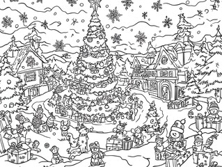 Obraz premium Snowy Christmas Village Coloring Page Illustration