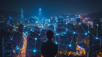 Smart digital city with connection cyber security network reciprocity over the cityscape . future smart wireless digital city and social media networking systems that connects people within the city
