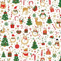 A delightful holiday pattern featuring cheerful snowmen, reindeer, and Christmas trees, surrounded by candy canes, snowflakes, and tiny gifts in classic red, green, and gold tones. 