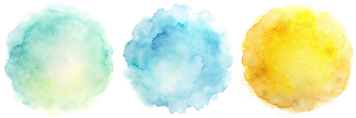 Bright watercolor circles in green, blue, and yellow, ideal for cheerful and lively artistic projects.