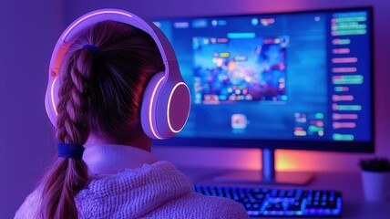 A teenager streaming a video game, headphones with a built-in mic, glowing monitors behind them displaying live gameplay highlights.