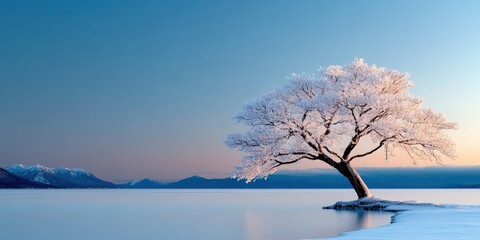 Winter Landscape with Frosty Tree Against Calm Water at Dawn with Mountain Backdrop