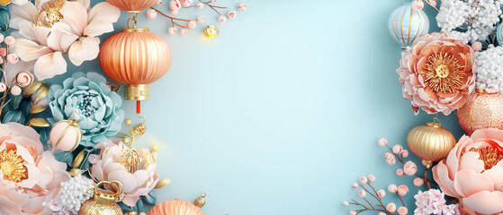 Obraz premium Chinese New Year Sale. Floral arrangement with pastel colors and decorative elements on a blue background.