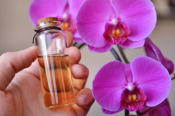 Hand holding a bottle of raw natural oil with a purple orchid flower. Organic beauty and alternative medicine concept. Close-up