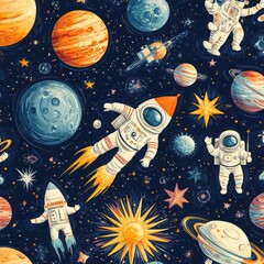 Fototapeta premium A delightful space-themed pattern featuring happy cartoon astronauts floating among colorful planets, cheerful rocket ships, and sparkling stars in shades of navy blue, orange, and pastel lavender 