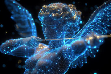 A glowing wireframe Cupid depicted on a transparent background, illuminated by a combination of blue and black data points. A blend of mythology and technology in a futuristic style.

