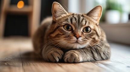 Fototapeta premium Adorable chubby tabby cat lying comfortably on a couch and wooden floor, with bright, expressive green eyes, showcasing a calm and cozy home vibe.