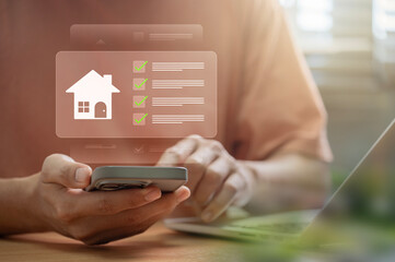 Real estate checklist management, Hands interacting with a smartphone to manage real estate tasks,...