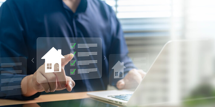 Real estate management, tA user managing real estate tasks with a laptop, accessing digital checklists and tools for streamline housing evaluations, investment planning, and transaction processes.