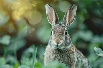 Wild rabbit hiding in green grass with bokeh effect in the background