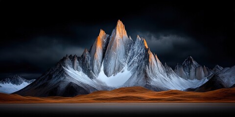 Majestic Snow-Capped Peaks Under Dark Stormy Sky with Luminous Sunlit Exposed Rocks