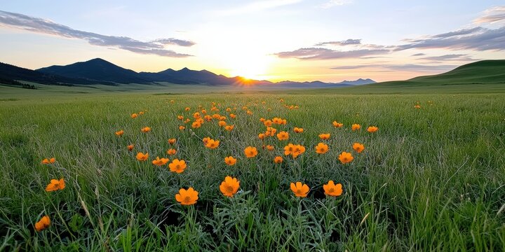 Vibrant Orange Poppies in Green Field Under Majestic Sunset with Mountain Range in Background