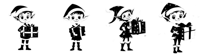 A cheerful Christmas elf in green attire and a red and white striped scarf is holding a large gift box wrapped in red ribbon and bow, set against a white background.