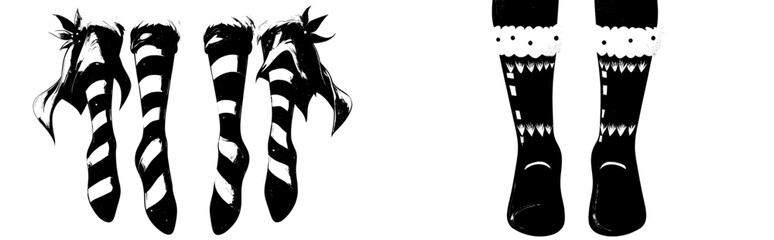 Festive elf legs with playful green shoes that have curled toes and lively red and green striped socks add a cheerful touch to holiday designs and decorations.