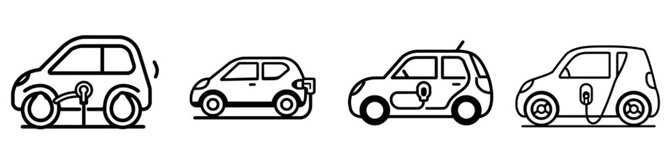 Electric car featuring a plug icon. Minimalistic outline design. Concept of EV car, green hybrid vehicles, and eco-friendly charging point. Modern, thin line symbol, isolated illustration.