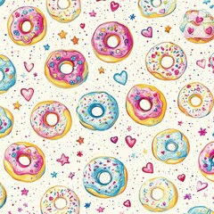 A playful donut-themed pattern showcasing bright pastel donuts with colorful frosting, sprinkles, and cherries, surrounded by tiny stars, hearts, and confetti on a soft cream background. 