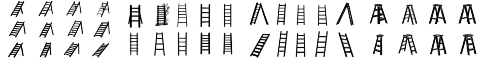 Surreal ladders: abstract geometric components of contemporary stairs, vintage black monochrome stairs featuring geometric patterns. Modern isolated collection.