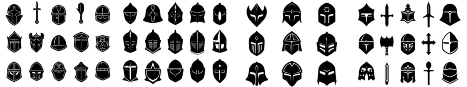 Medieval helmets: ancient warrior knight headgear with visor and plumage, Spartan fighter protective elements in flat style, modern isolated collection.