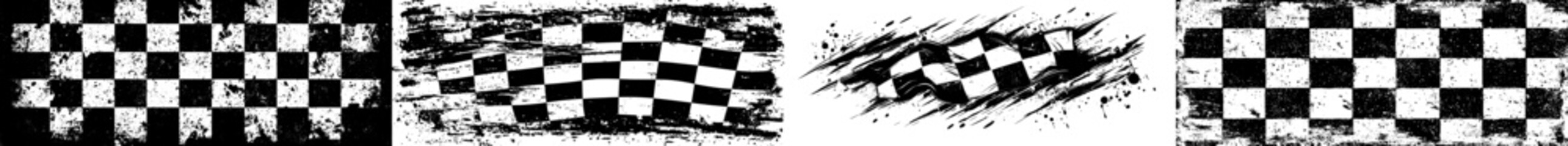 A racing grunge brush texture design featuring an auto rally badge, a checkered pattern, and a start-finish flag with scratches.