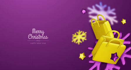 Happy New Year and Merry Christmas. Christmas holiday background with realistic 3d objects, bauble balls, conical metal stars. Levitation falling design composition.